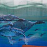 An ocean mural has been painted on a brick wall. There are two whales swimming together, surrounded by fish.